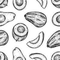 Avocado seamless vector pattern. Whole garden fruit, cut in half, slice. Fresh tropical vegetable with seed, ripe pulp, on a stalk. Hand drawn black and white food sketch. Monochrome outline