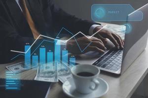 Double exposure of business hands typing and market charts. futuristic business concept photo
