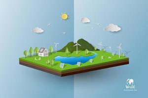 Eco friendly and green energy with house,solar panels and wind turbines,family happy and relax with green nature on isometric landscape background