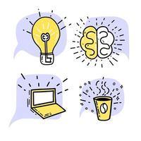 Set conceptual pictograms illustration creative symbol doodle style in blue yellow color lamp, coffee, brain, computer. vector