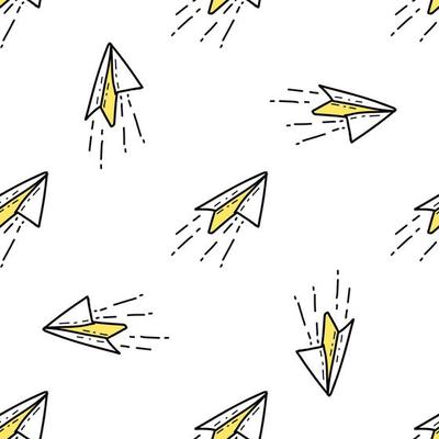Seamless pattern with Illustration paper plane in a doodle style on white background.