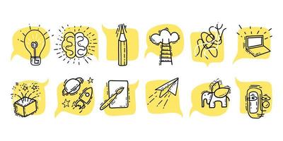 Set conceptual pictograms illustration creative symbol doodle style in yellow color. vector