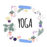illustration wreath Yoga with candles, yoga mat, aroma lamp, orchid, lotus, rosary, buddha, teapot and cups vector