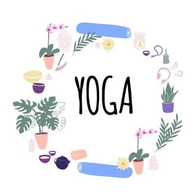 illustration wreath Yoga with candles, yoga mat, aroma lamp, orchid, lotus, rosary, buddha, teapot and cups