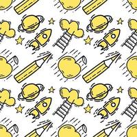 Seamless pattern with Illustration space rocket, pencil, apple a doodle style black yellow color on white background. vector