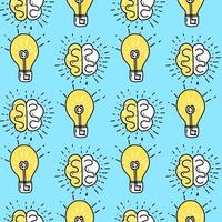 Seamless pattern with an illustration of a lamp and a brain as a symbol of a good idea in a doodle style in blue and yellow. vector