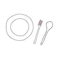 Kitchenware illustrations plate, spoon and fork in doodle style. vector