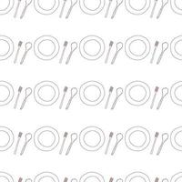 Seamless pattern with kitchenware illustrations plate, spoon and fork in doodle style. vector