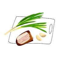 Illustration ukrainian sandwich rye bread with lard with Green onion and garlic. vector