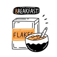 A box of flakes for breakfast and a plate of cereal in a linear doodle style. Vector isolated illustration of food.