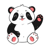 Cute little panda waves his paw and smiles. The character is a bear in a cartoon doodle style. Vector isolated animal illustration.