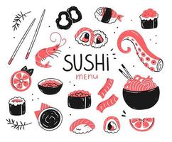 Set with sushi and rolls in doodle style. Japanese food. Collection of objects. Vector isolated food illustration.