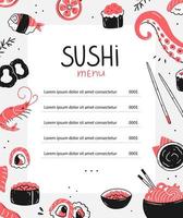 Sushi and Japanese food menu design with food elements. Asian cuisine menu template. Vector illustration.