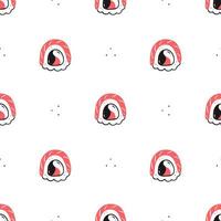 Seamless pattern with sushi rolls on a white background. Japanese food. Vector illustration background.