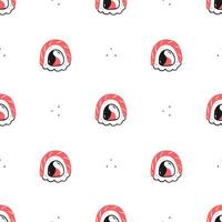 Seamless pattern with sushi rolls on a white background. Japanese food. Vector illustration background.