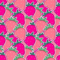 Seamless pattern with pink strawberry stickers in cartoon style. Vector food illustration background.