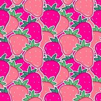 Seamless pattern with pink strawberry stickers in cartoon style. Vector food illustration background.