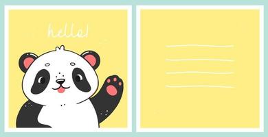 A postcard template with a cute panda and the inscription hello. The concept of card for children. Vector animal illustration.