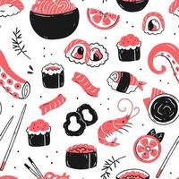 Seamless pattern with Japanese sushi food on a white background. Vector food illustration background.