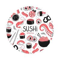 Japanese sushi food. Elements of Asian cuisine in a round shape. Sushi menu concept. Vector food illustration.