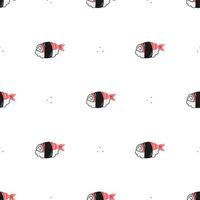 Seamless pattern with sushi rolls with shrimp on a white background. Japanese food. Vector illustration background.