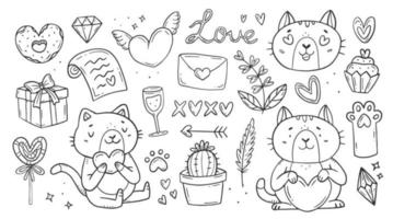 Hand drawn love doodle set. Collection of love elements. Cats with hearts. Valentine's day. Vector isolated love illustration.