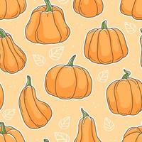 Cute seamless pattern with pumpkins and leaves on an orange background. Vector illustration background.