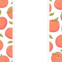 Vertical cute frame with different peaches and leaves. Vector illustration template.