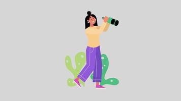 Search animation concept. Woman with binoculars is searching for something. Animation concept for search, spy, hunt, look, observe. Loop animation with alpha channel.