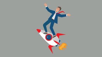 Man on a rocket animation. Success, leadership, victory concept 2d animation. Loop video with alpha channel