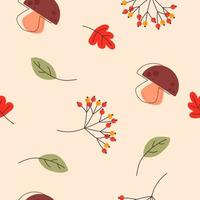 Autumn seamless pattern, mushrooms, leaves and rowan. Beige background. Vector illustration.