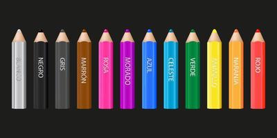 12 colorful wooden pencils. Names of colors - rojo, naranja, amarillo, verde, celeste, azul, morado, rosa, marron, gris, negro, blanco. Vector design.