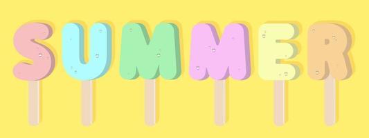 Summer ice cream letters on the wooden sticks. Colorful frozen dessert with drops of water. Vector design.