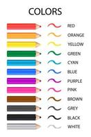 Poster with 12 multicolor wooden pencils and strokes. Names of colors. Educational material. Vector illustration.