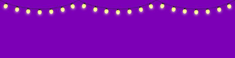 Decorative garland of electric light bulbs, twinkle lights, yellow lamps. Purple background. Vector design.