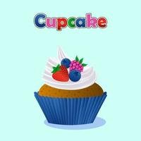 Cupcake or muffin with white cream and berries on the top.  Strawberry, raspberry, blueberry.  Sweet dessert. Vector design.