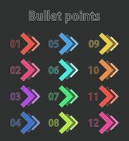 Colorful bullet points arrows, numbers from 1 to 12. Infographics. Vector design.