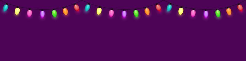 Decorative garland of electric light bulbs, twinkle lights, colorful. Purple background. Vector design.