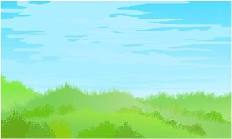 grassy hill, grassy field landscape with bush and summer sky vector