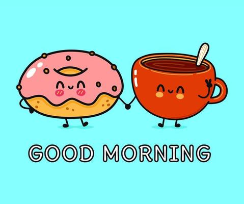Cute, funny happy cup of coffee and pink donut character. Vector hand drawn  cartoon kawaii characters, illustration icon. Funny cartoon cup of coffee  and pink donut friends concept 8076378 Vector Art at
