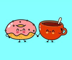 Cute, funny happy cup of coffee and pink donut character. Vector hand drawn cartoon kawaii characters, illustration icon. Funny cartoon cup of coffee and pink donut friends concept