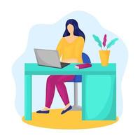 Woman is working on laptop home office concept vector