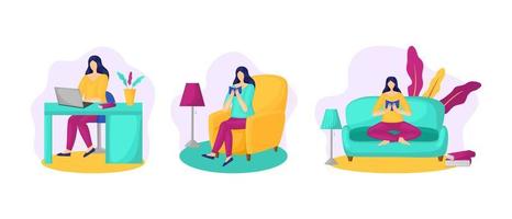 Woman is sitting and relaxing home office concept vector