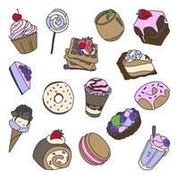 Set of sweets, pastries and cakes with cocoa and drinks vector