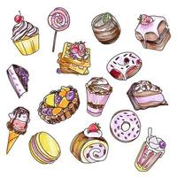 Set of sweets and drinks in doodle style, color with felt-tip pens vector