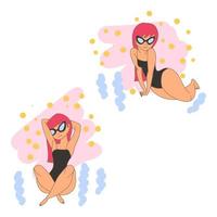 Set of a petite girl with glasses in a swimsuit on the beach, in different poses, doodle cartoon style, pink hair color vector