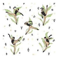 Set of a ballerina girl in a leotard dancing in greenery vector