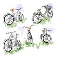 Set of bicycles in doodle style with watercolor background
