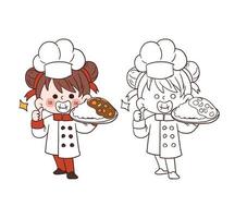 Cute young chef girl smiling and holding a Japanese curry with rice.cartoon vector art illustration