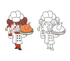 linda joven chef sonriendo y sosteniendo un pollo asado. ilustración de arte vectorial de dibujos animados